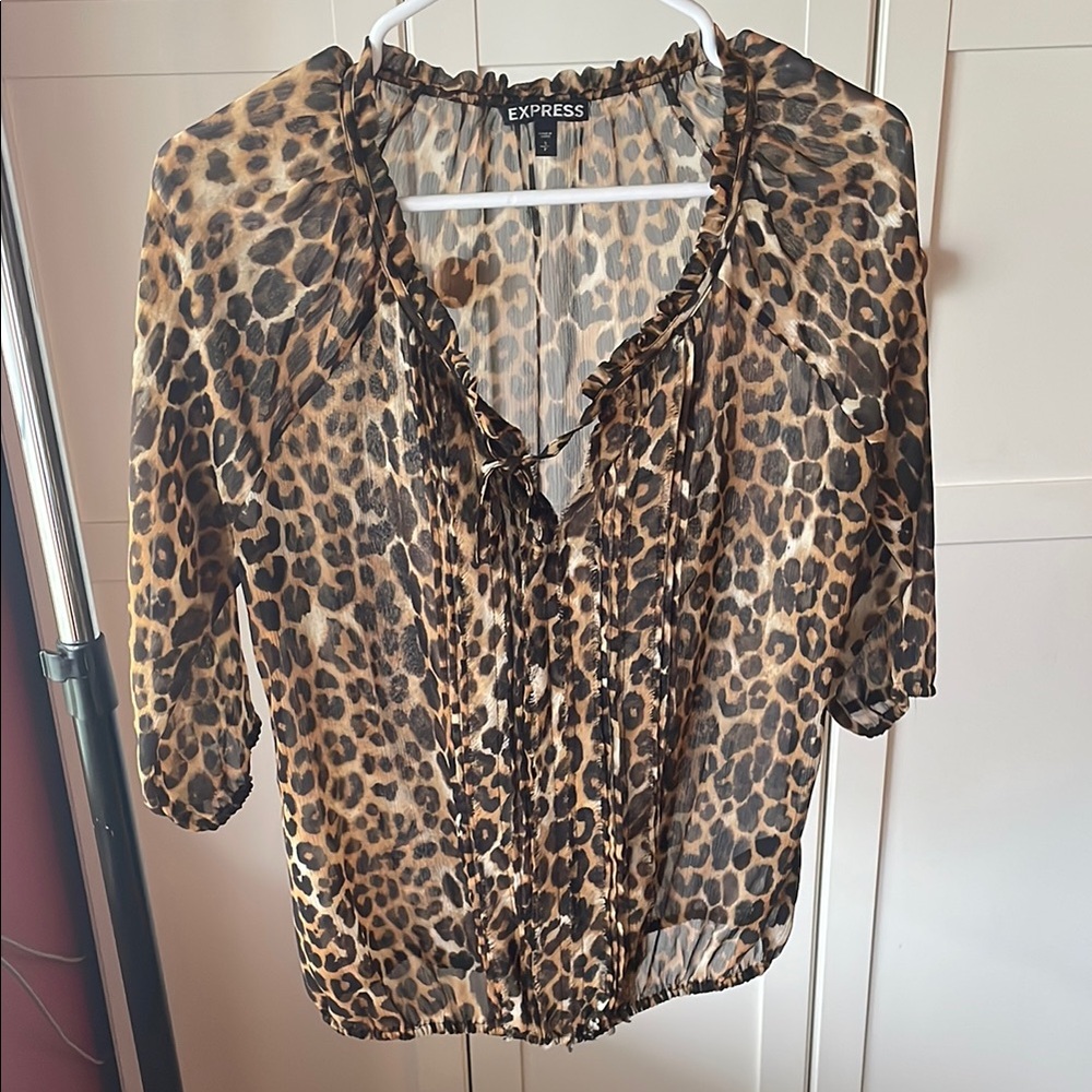 Express Brown and Tan Ruffled 3/4 Sleeve Blouse